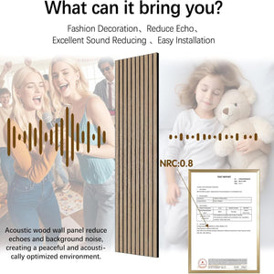 Acoustic wood panel with text highlighting its features and benefits