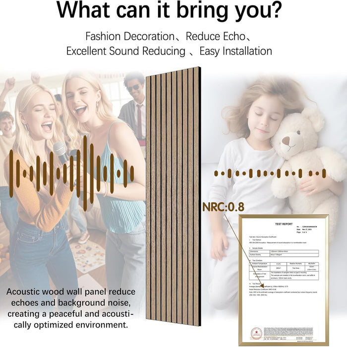 Acoustic wood panel with text highlighting its features and benefits