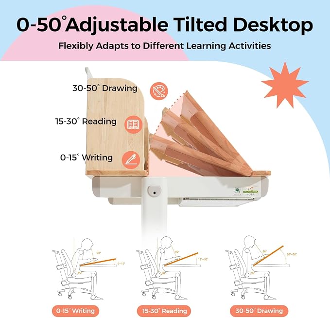 Wooden Kids Study Desk Adjustable Height Table 40 inch Children Study Desk, Student Writing Desk with Tilt Desktop, Drawer, Storage Shelf, Pen Holder, White and Wood-Toned