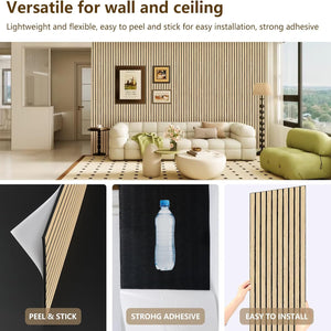 Living room with striped wallpaper, showing product features like peel & stick, strong adhesive, and easy installation.