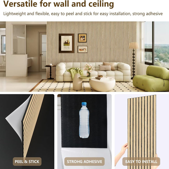 Living room with striped wallpaper, showing product features like peel & stick, strong adhesive, and easy installation.