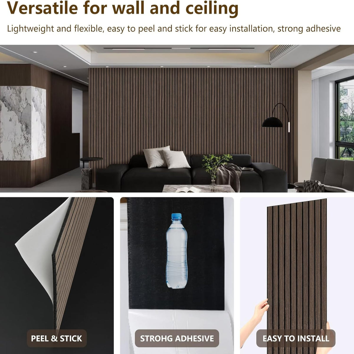 Living room with decorative wall panels, showing installation process and product features.