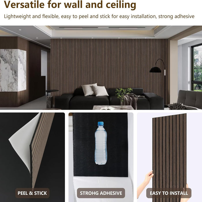 Living room with decorative wall panels, showing installation process and product features.