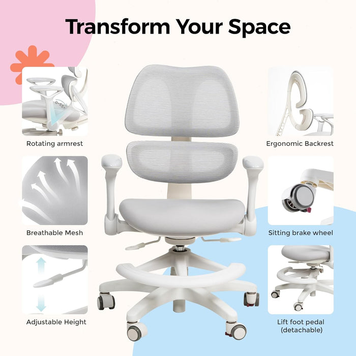 Ergonomic Kids Study Chair, Adjustable Height Swivel Mesh Chair (3-15Y)