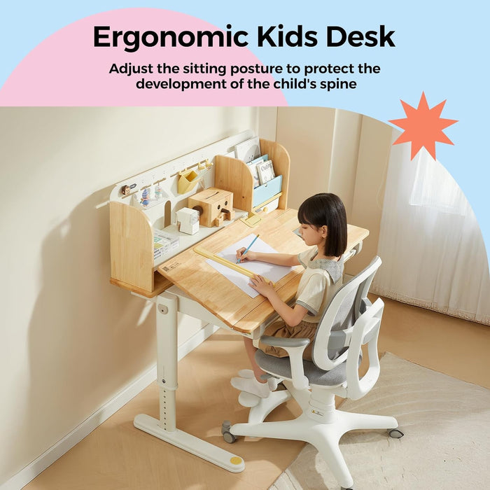 Wooden Kids Study Desk Adjustable Height Table 40 inch Children Study Desk, Student Writing Desk with Tilt Desktop, Drawer, Storage Shelf, Pen Holder, White and Wood-Toned