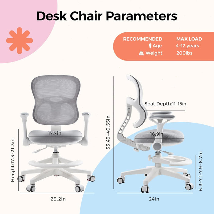 Ergonomic Kids Study Chair, Height/Depth Adjustable Mesh Chair (4-12Y)