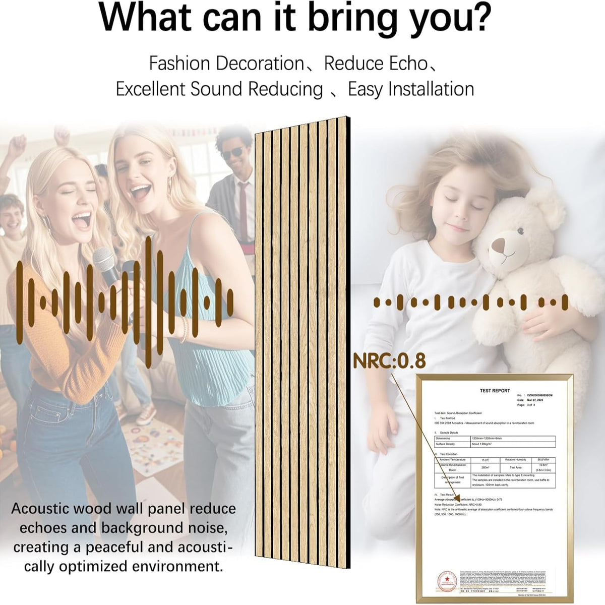 Acoustic wood wall panel with text on its benefits and features, including sound reduction and easy installation.
