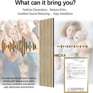 Acoustic wood wall panel with text on its benefits and features, including sound reduction and easy installation.