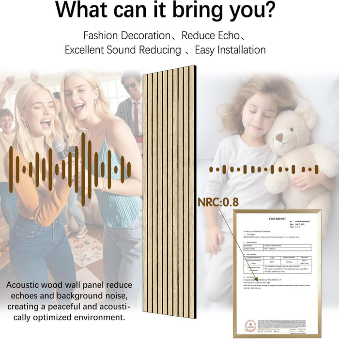 Acoustic wood wall panel with text on its benefits and features, including sound reduction and easy installation.