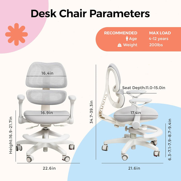 Ergonomic Kids Study Chair, Adjustable Height Swivel Mesh Chair (3-15Y)