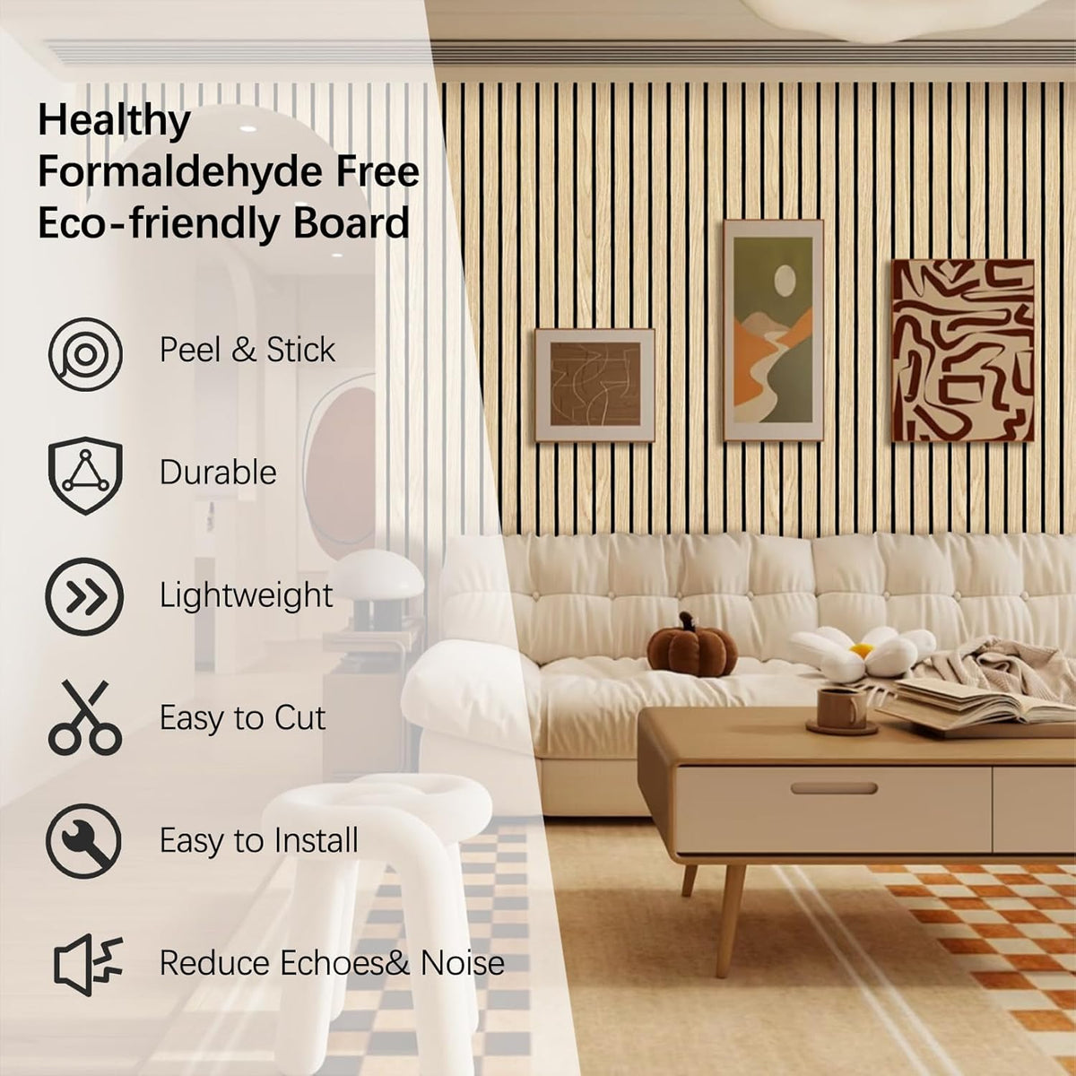 Living room with a healthy formaldehyde-free eco-friendly board feature overlay