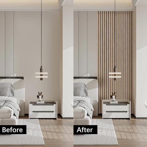 Before and after comparison of a bedroom setup with furniture and decor changes.