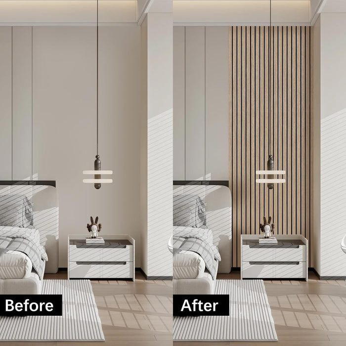 Before and after comparison of a bedroom setup with furniture and decor changes.