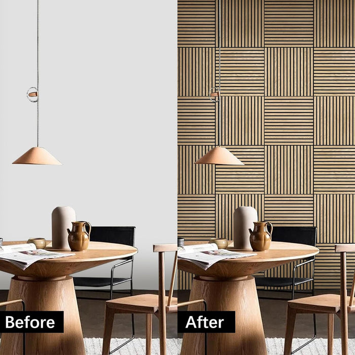 Before and after comparison of a dining room with wooden wall panels.