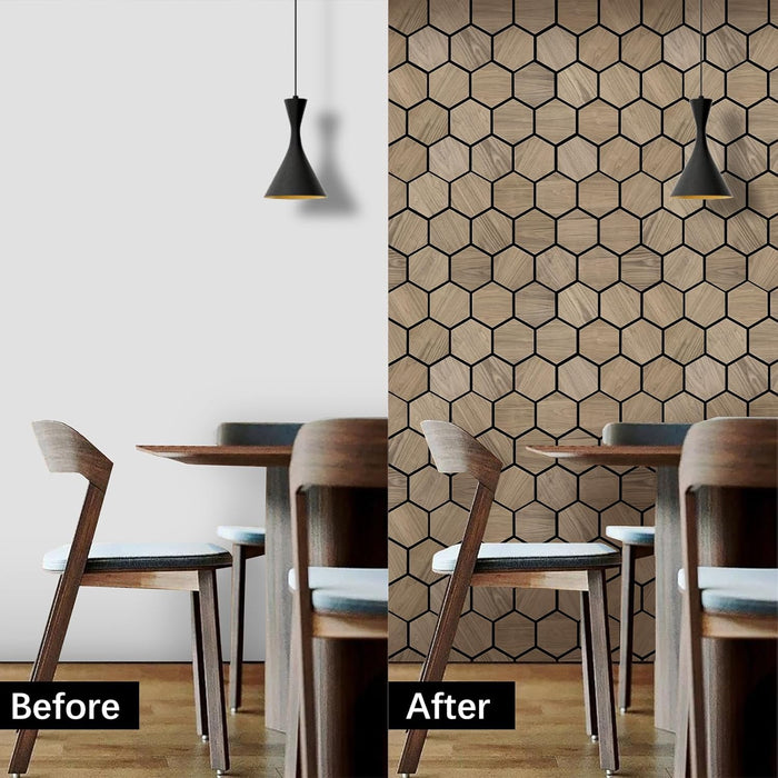Before and after effect of installing hexagonal acoustic wood panels in dining area