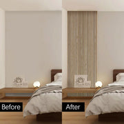 Before and after installation comparison of acoustic oak slat panel on bedroom wall
