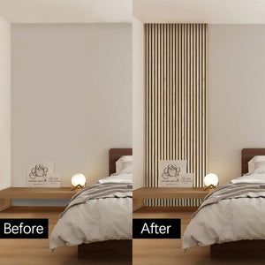 Before and after installation comparison of acoustic oak slat panel on bedroom wall