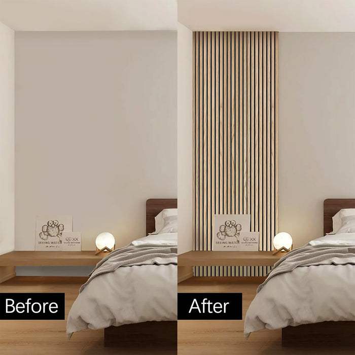 Before and after installation comparison of acoustic oak slat panel on bedroom wall