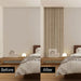 Before and after installation comparison of acoustic oak slat panel on bedroom wall