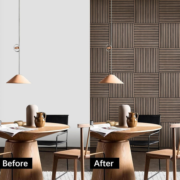 Before and after comparison of dining room showing transformation using American walnut acoustic panels on the wall
