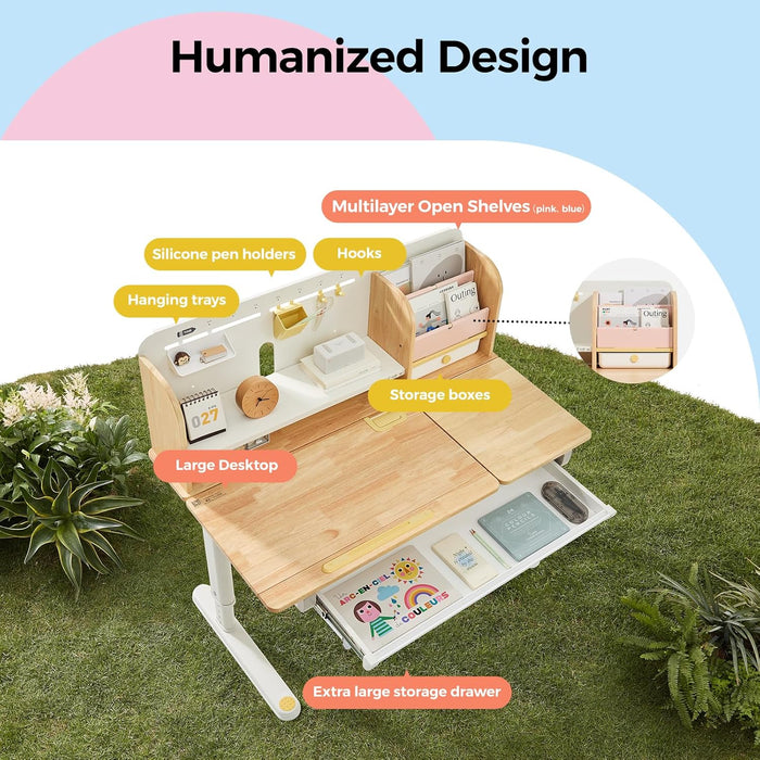 Adjustable Height Kids Study Desk, Tilt Wood Student Table w/ Storage