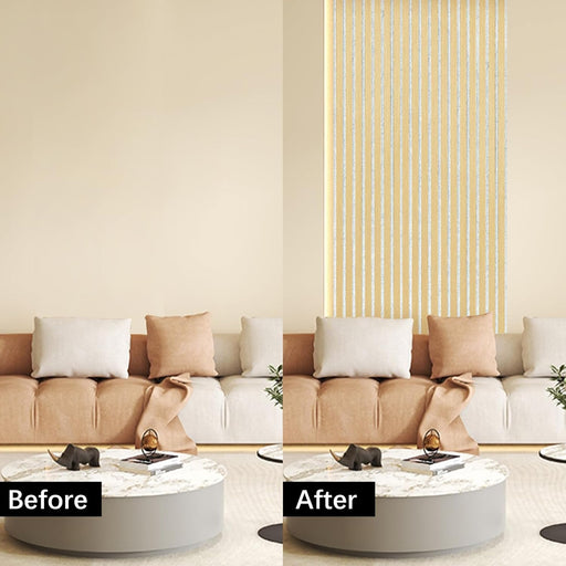 Wall transformation with Unisoar oak slat panels added above neutral-tone sofa