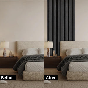 Bedroom before and after using Unisoar black oak acoustic wall panel for modern decor upgrade