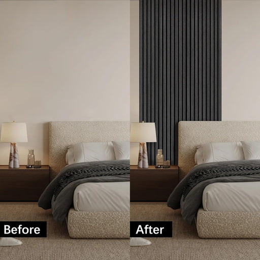 Bedroom before and after using Unisoar black oak acoustic wall panel for modern decor upgrade