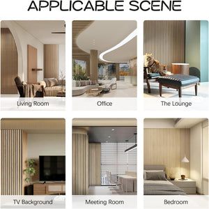 Collage of various interior scenes including living room, office, lounge, TV background, meeting room, and bedroom.