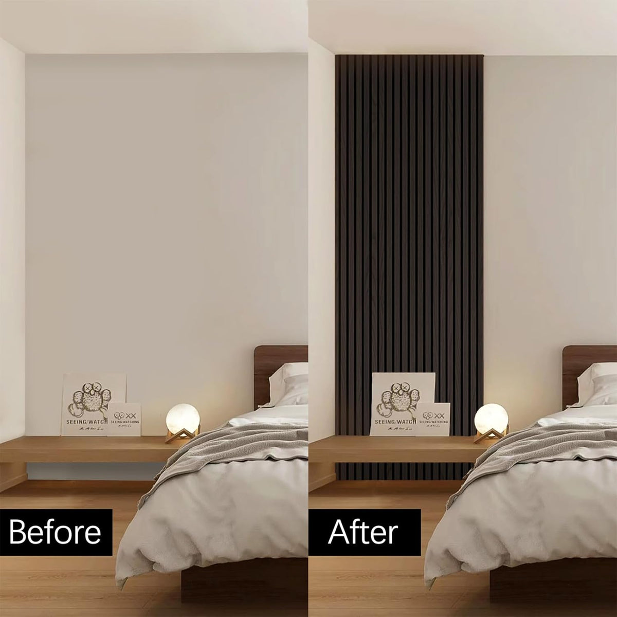 Before and after comparison of a bedroom setup with a radiator.