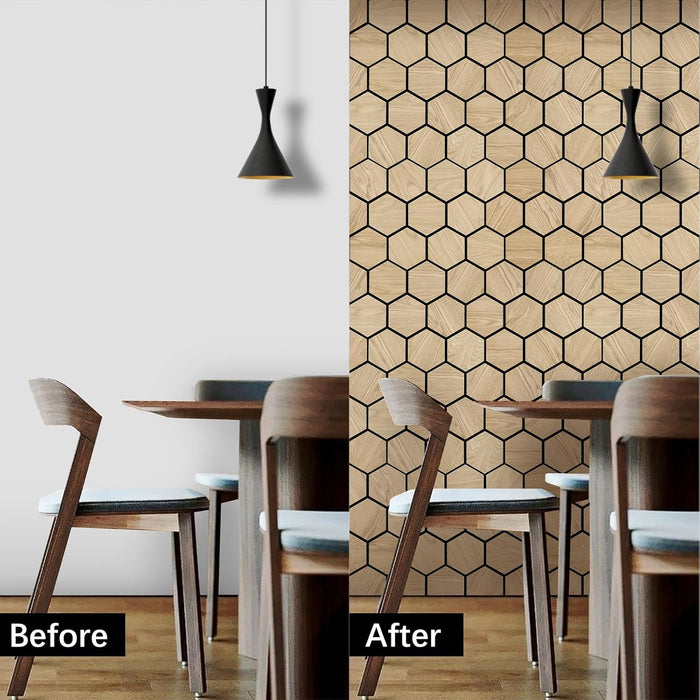 Before and after comparison of dining room wall with and without oak hexagon sound absorbing panels