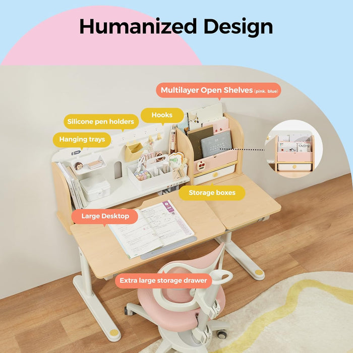 47" Kids Adjustable Height Desk, Solid Wood Tilt Table w/ Bookshelf