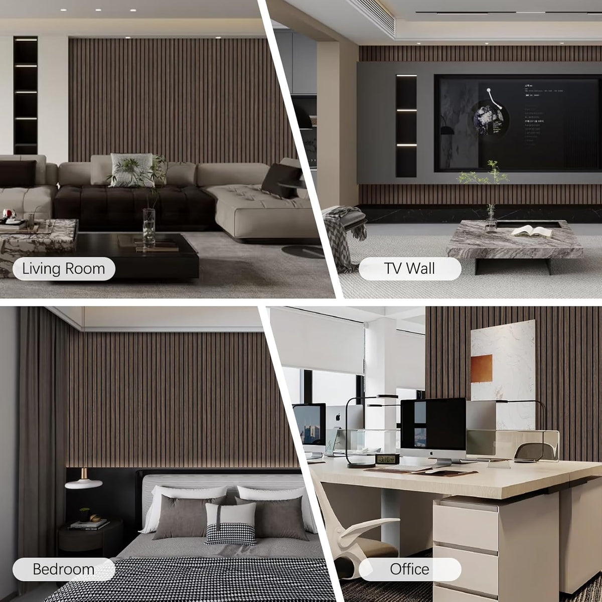 Collage of a modern living room, TV wall, bedroom, and office with neutral color scheme.