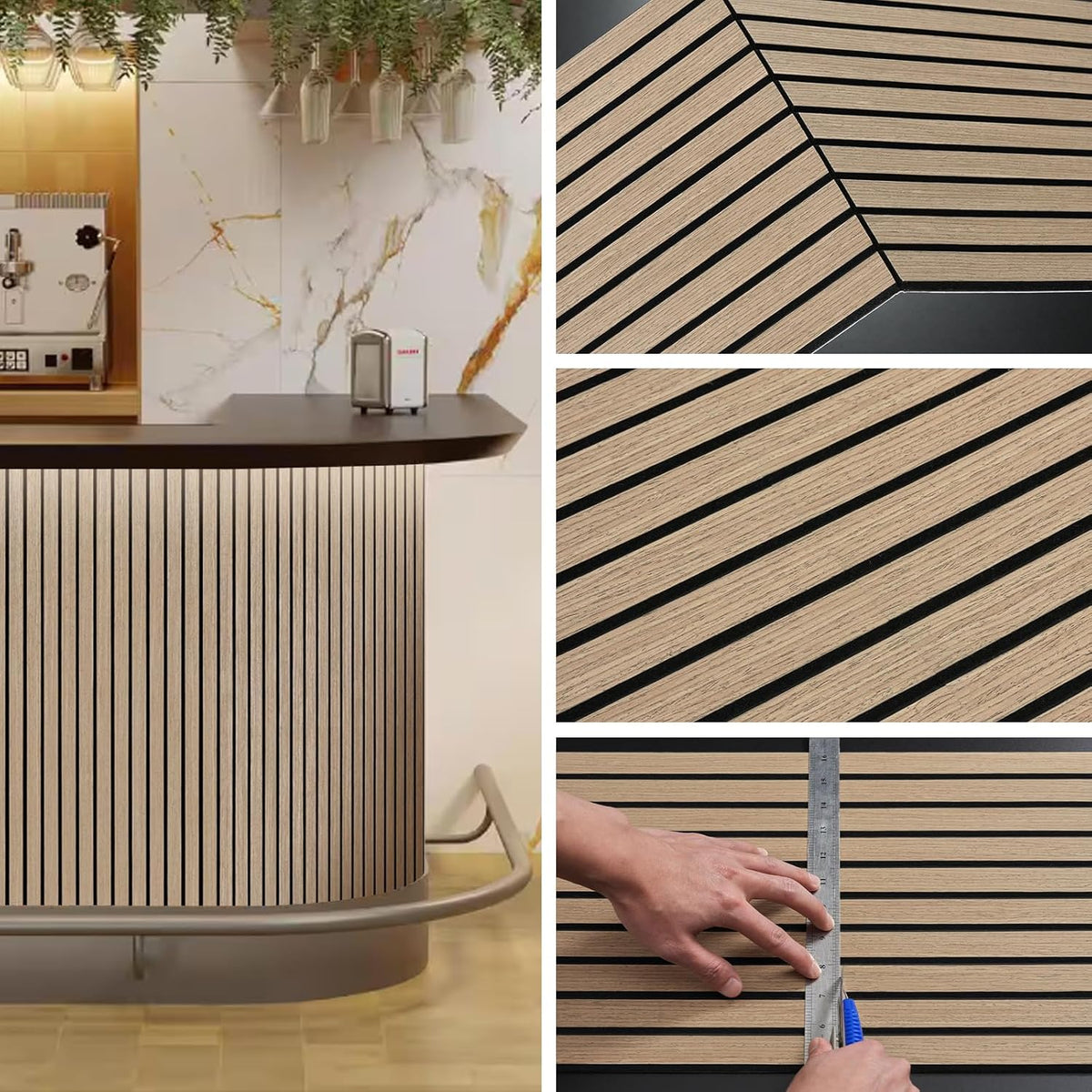 Collage of a modern kitchen setup with wooden slat design, a marble backsplash, and a person measuring the slats.