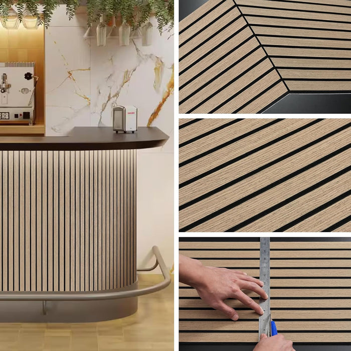 Collage of a modern kitchen setup with wooden slat design, a marble backsplash, and a person measuring the slats.