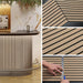 Collage of a modern kitchen setup with wooden slat design, a marble backsplash, and a person measuring the slats.