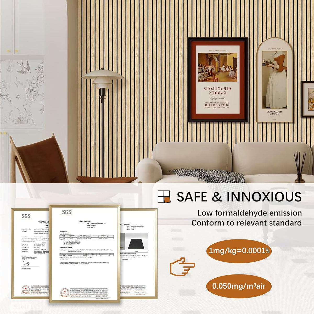 Living room with beige sofa, striped wallpaper, and framed pictures. Certifications and safety information displayed.