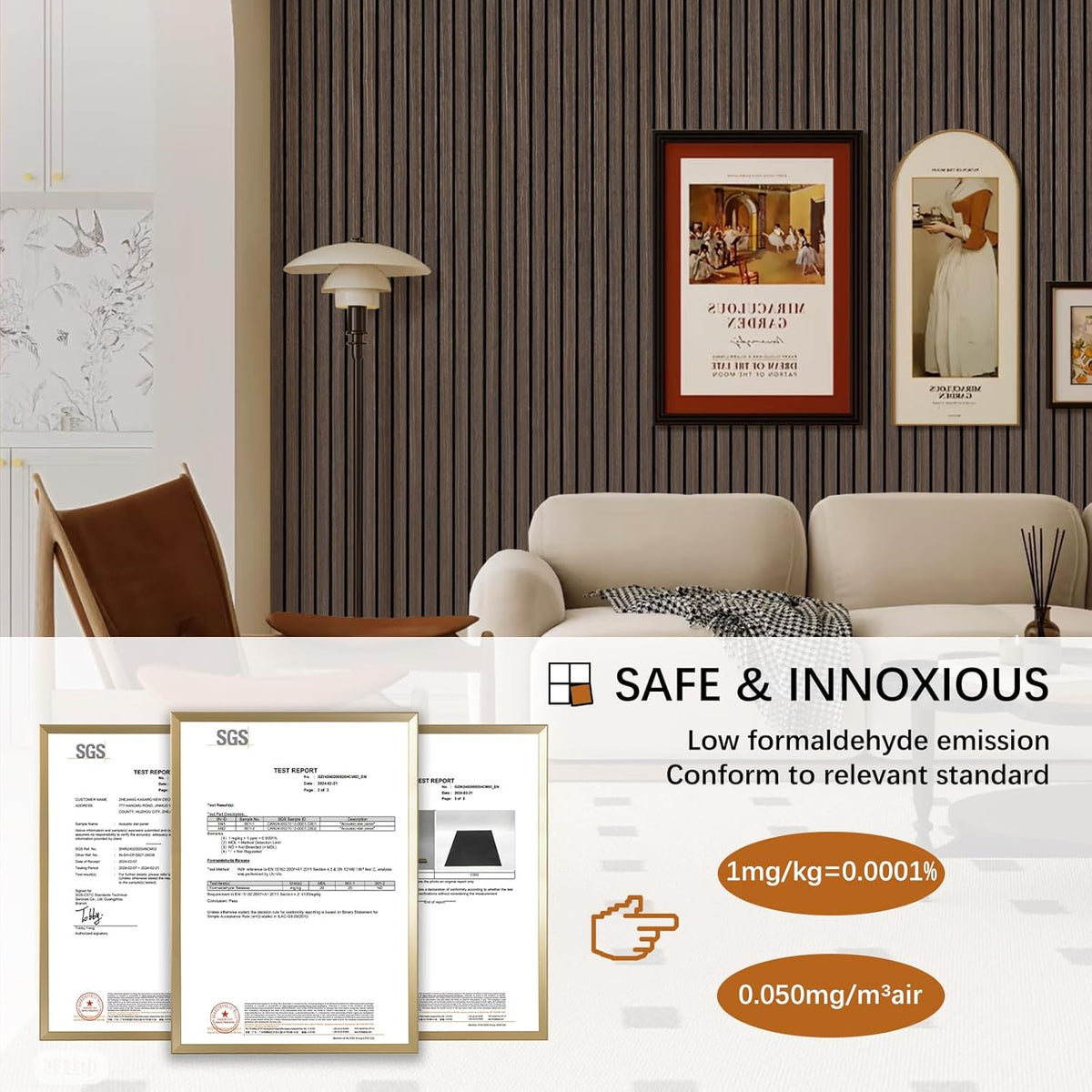 Living room with beige sofa, framed pictures, and certification documents on a white background.