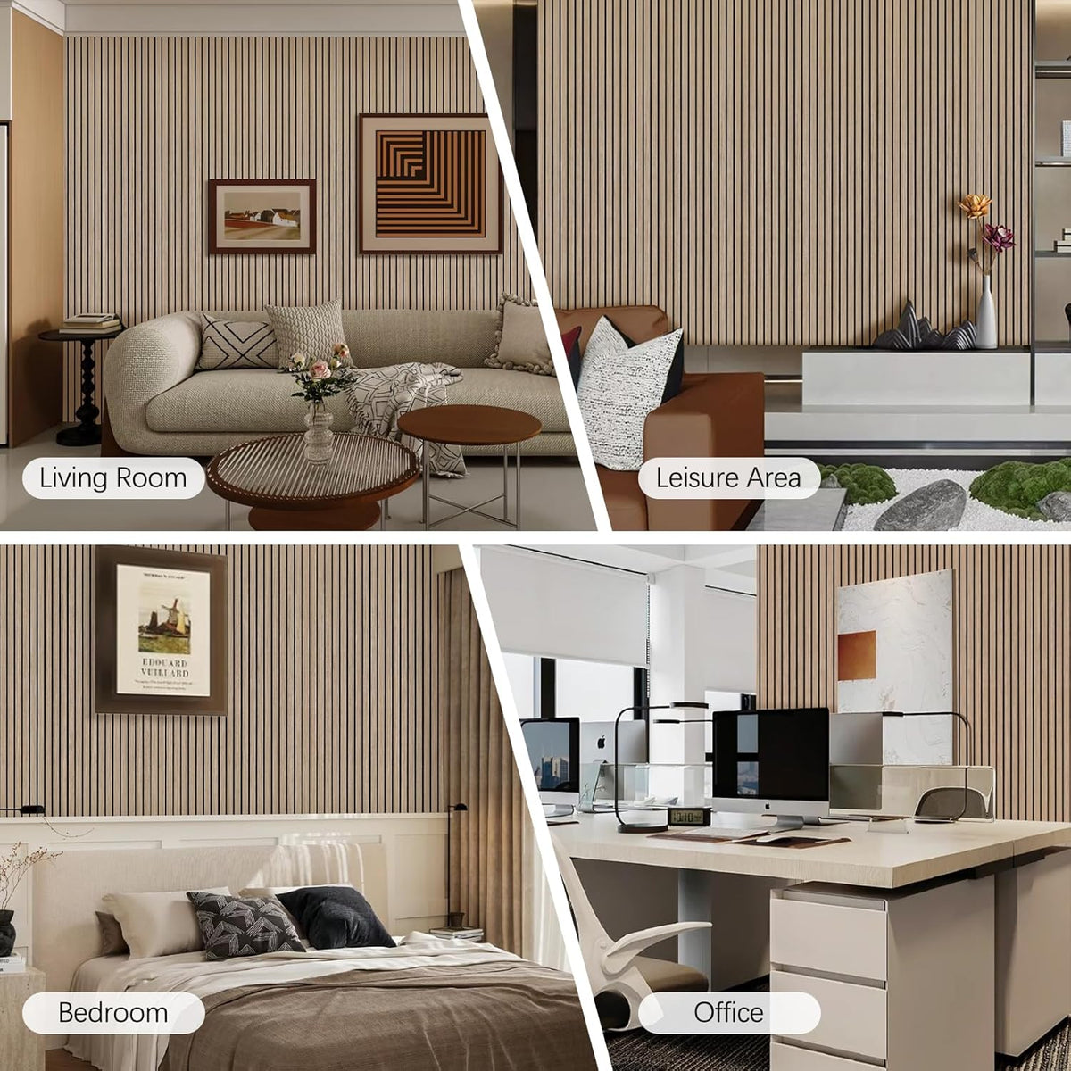 Collage of a living room, leisure area, bedroom, and office with striped wallpaper.