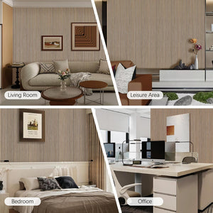 Collage of a living room, leisure area, bedroom, and office with striped wallpaper.