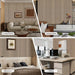 Collage of a living room, leisure area, bedroom, and office with striped wallpaper.