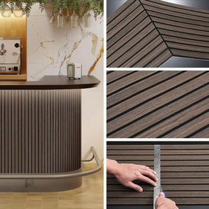 Collage of a wooden panel design with a kitchen setting.