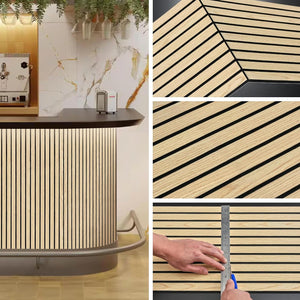 Collage of a modern kitchen setup with wooden slat design, including a countertop and wall panels.
