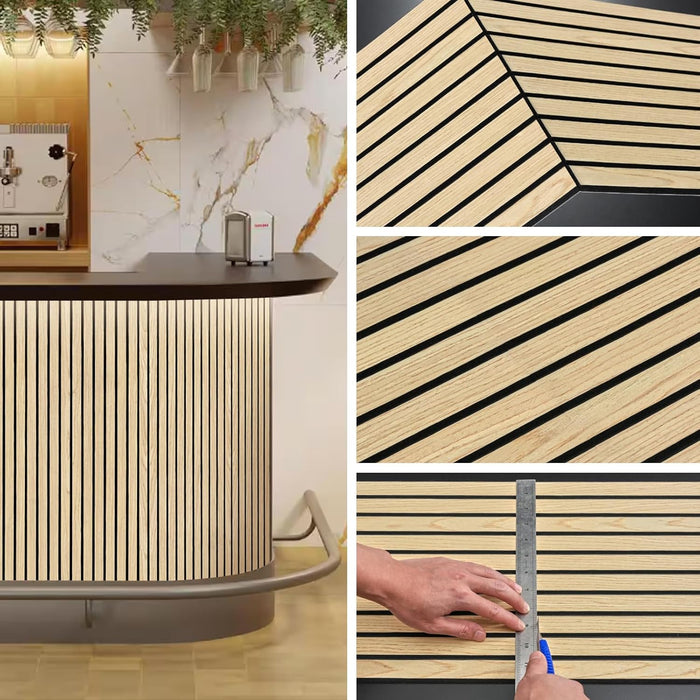 Collage of a modern kitchen setup with wooden slat design, including a countertop and wall panels.
