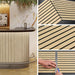 Collage of a modern kitchen setup with wooden slat design, including a countertop and wall panels.
