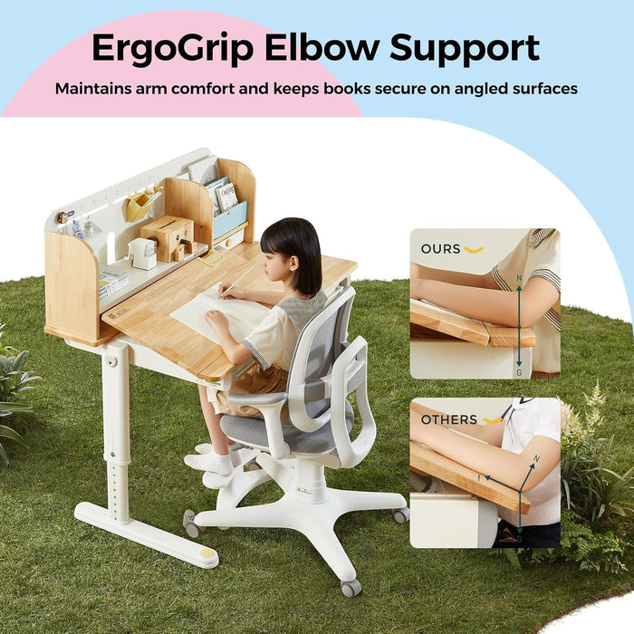 Wooden Kids Study Desk Adjustable Height Table 40 inch Children Study Desk, Student Writing Desk with Tilt Desktop, Drawer, Storage Shelf, Pen Holder, White and Wood-Toned