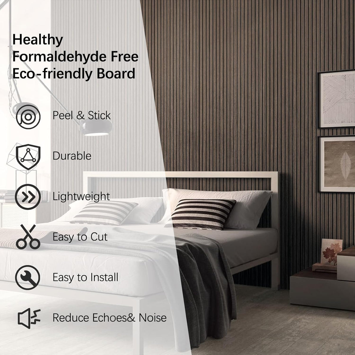 Bedroom with a bed and headboard, featuring text about a healthy formaldehyde-free eco-friendly board.