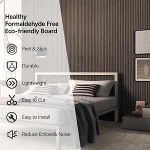 Bedroom with a bed and headboard, featuring text about a healthy formaldehyde-free eco-friendly board.