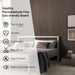 Bedroom with a bed and headboard, featuring text about a healthy formaldehyde-free eco-friendly board.