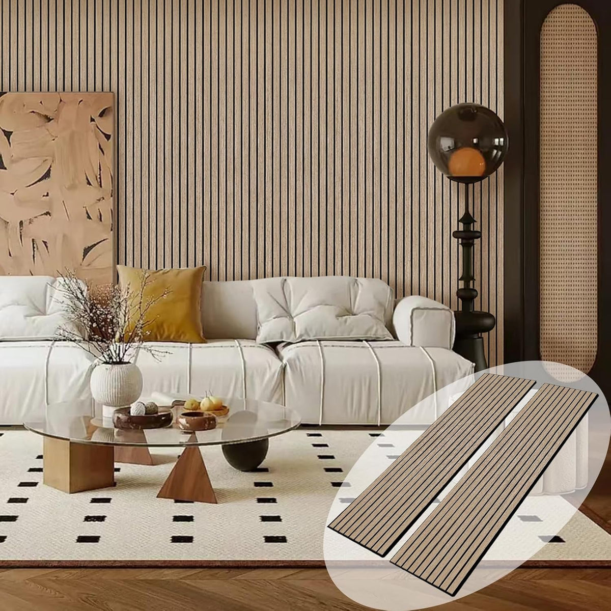 Modern living room with a sofa, coffee table, and decorative elements.